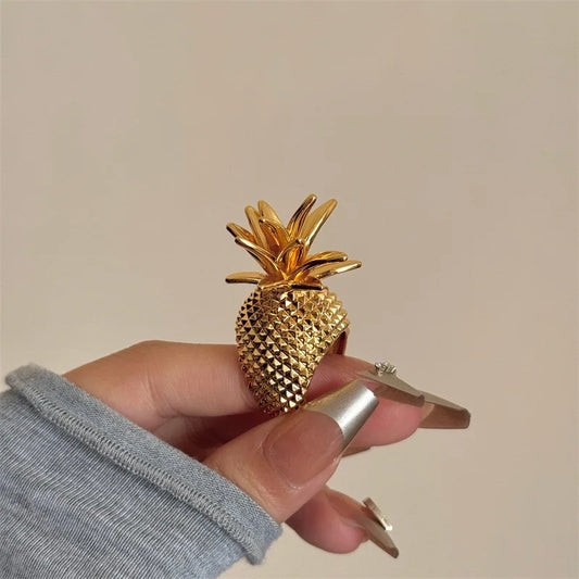 Luckacco New Summer Retro Metal Fruit Pineapple Gold Silver Colour Wide Ring Vintage Women Girl Jewelry Accessories Gift 2025