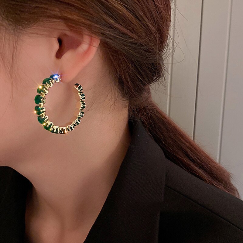 UILZ Luxury High Quality Inlay CZ Hoop Earrings Round Green Zircon Crystal Earring for Women Engagement Party Statement Jewelry - luckacco