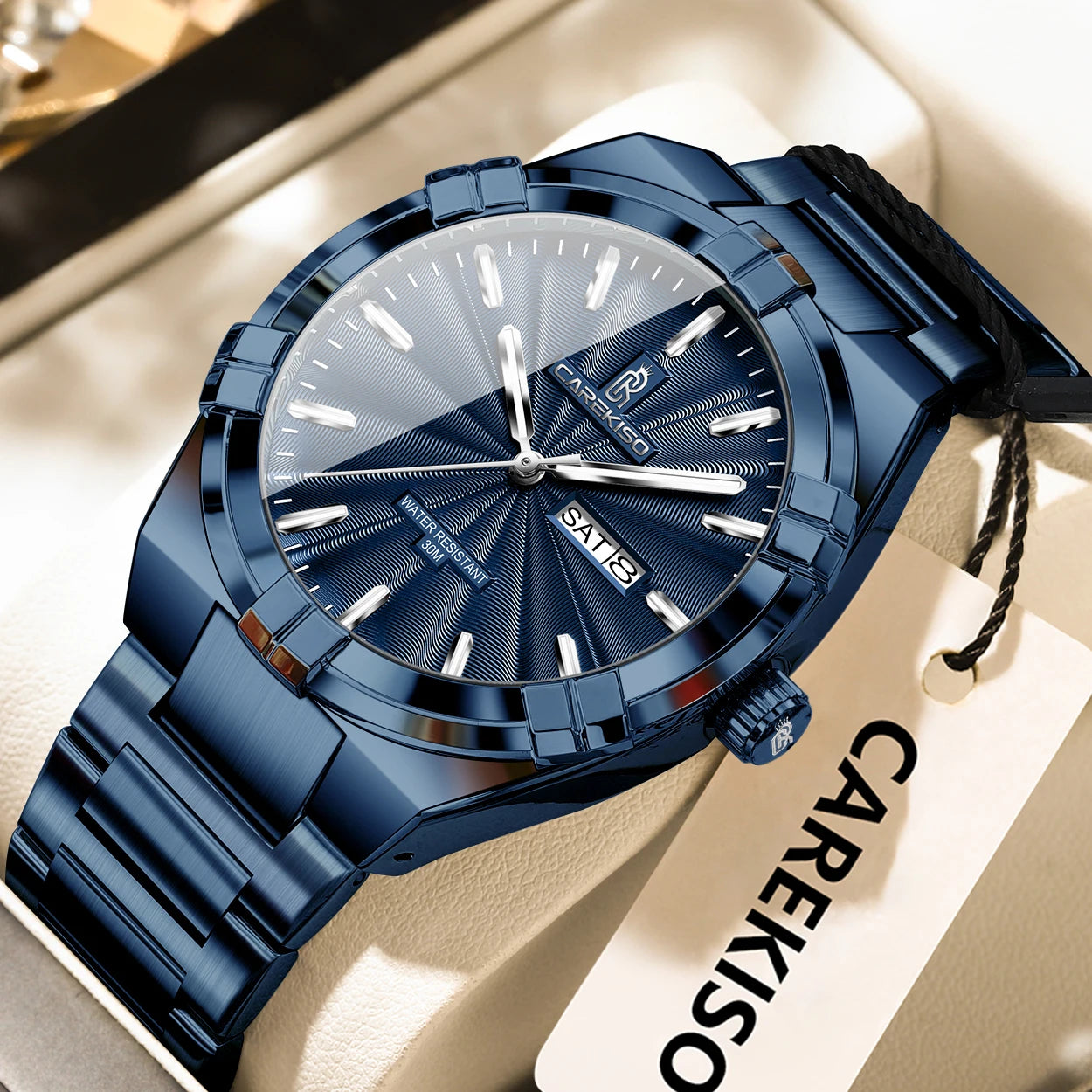 luckacco carekiso military business men clock date week waterproof luminous quartz man wristwatch stainless steel men's watches reloj+box