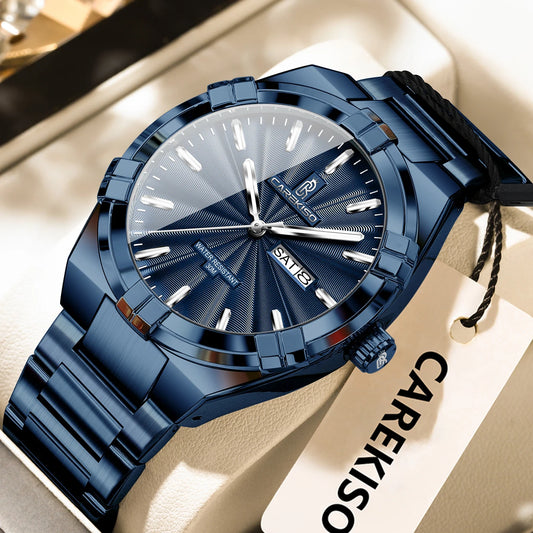 Luckacco CAREKISO Military Business Men Clock Date Week Waterproof Luminous Quartz Man Wristwatch Stainless Steel Men's Watches Reloj+Box