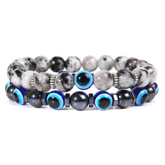 Luckacco Lucky Evil Eye Beads Bracelet Natural Stone Lava Hematite Bracelet Set Multilayer Bracelets Women Men Handmade Elastic Jewelry