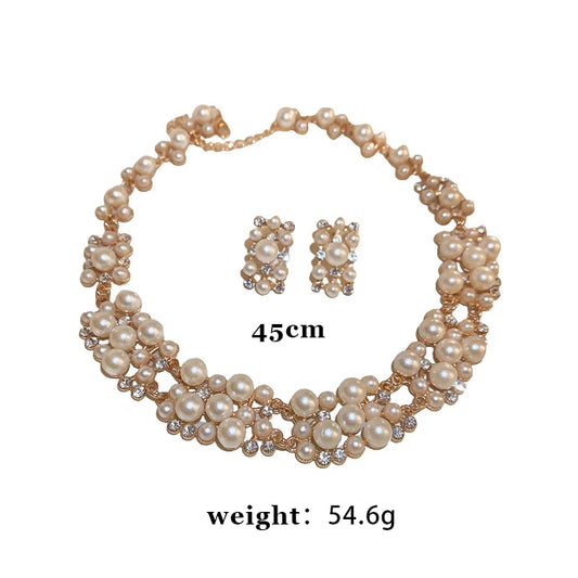 Luckacco 3 Pcs Rhinestone Pearl Rectangular Earrings Necklace Set Two-piece Vintage Choker Accessory Light Luxury Jewelry Sets Wedding