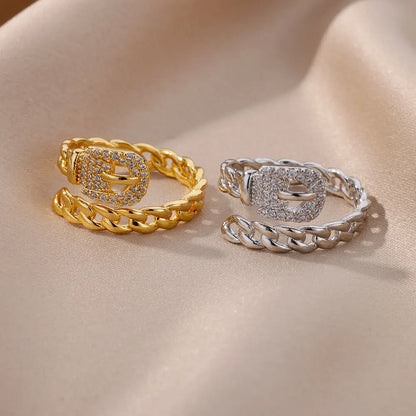 Luckacco Zircon Belt Rings For Women Stainless Steel Adjustable Finger Ring Femme Geometric 2023 Wedding Aesthetic Jewerly Gift anillos