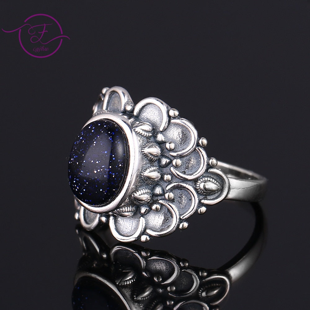 Natural Oval Blue Sandstone Silver Rings Black Stone Rings for Women Girl Wedding Engagement Jewelry Gift Drop Shipping - luckacco