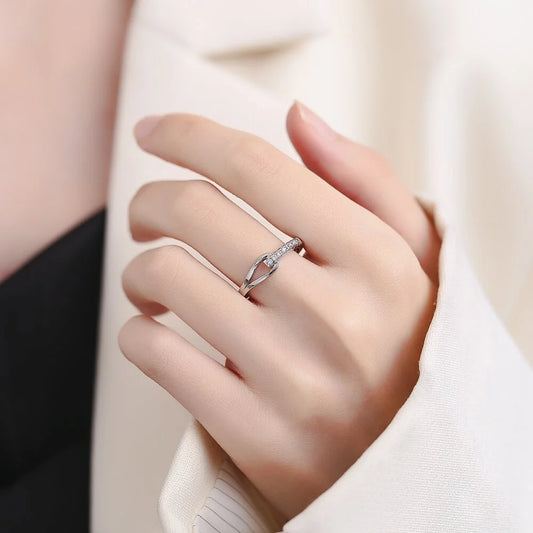 Luckacco 925 Sterling Silver High-End Full Diamond Hollow Design Horseshoe-Shaped Zircon Ring Personalized High-Quality Women's Ring