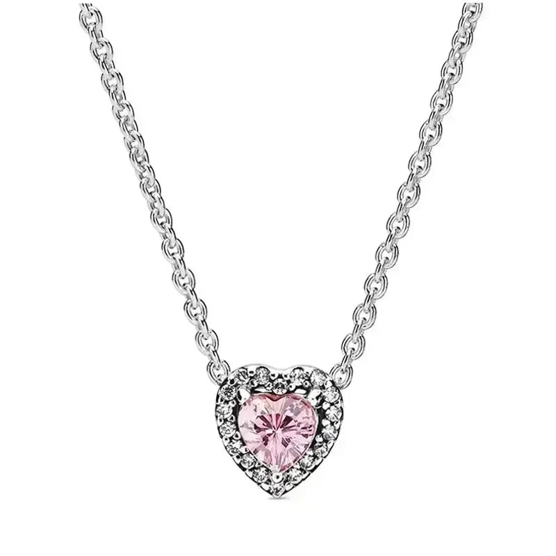 luckacco new 925 sterling silver heart-shaped pink ring necklace earring set luxurious sparkling charm jewelry fashion wedding gift