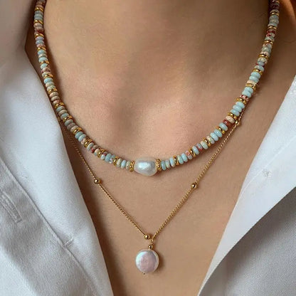 Luckacco 2024 New Trendy Natural Stone Freshwater Pearl Collar Chain Necklace Vintage Handmade Stylish Beads Jewelry Bijoux Gift
