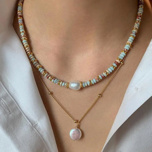 Luckacco 2024 New Trendy Natural Stone Freshwater Pearl Collar Chain Necklace Vintage Handmade Stylish Beads Jewelry Bijoux Gift