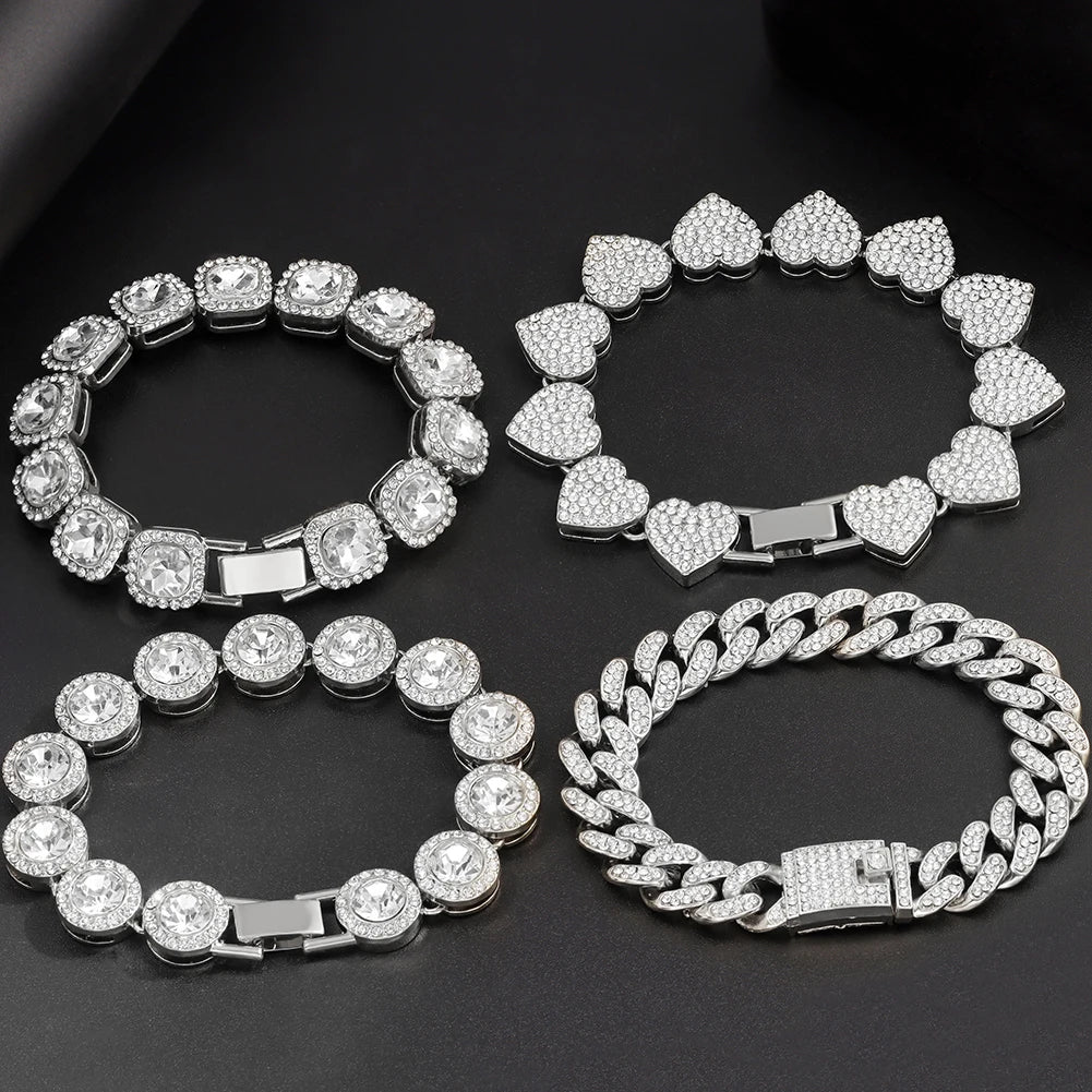 luckacco iced out pink cuban bracelet for women hip hop gold silver color crystal heart circle square bracelet 4pcs set jewelry gift