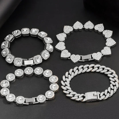 Luckacco Iced Out Pink Cuban Bracelet for Women Hip Hop Gold Silver Color Crystal Heart Circle Square Bracelet 4Pcs Set Jewelry Gift