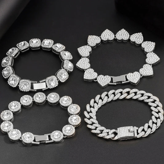 Luckacco Iced Out Pink Cuban Bracelet for Women Hip Hop Gold Silver Color Crystal Heart Circle Square Bracelet 4Pcs Set Jewelry Gift