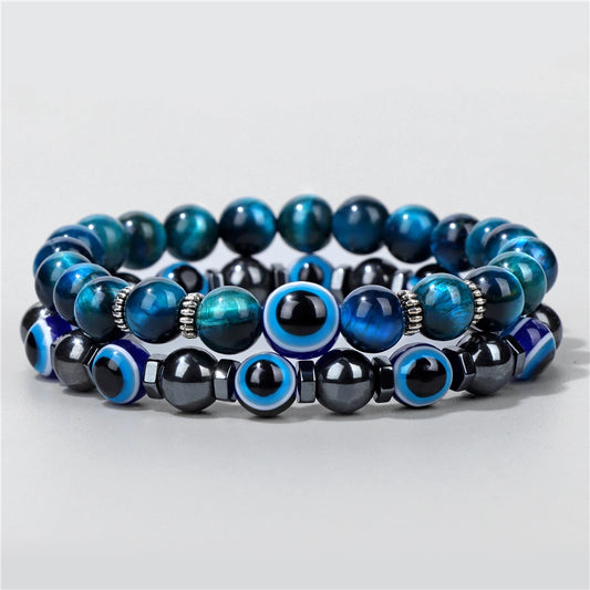 Luckacco Lucky Evil Eye Beads Bracelet Natural Stone Lava Hematite Bracelet Set Multilayer Bracelets Women Men Handmade Elastic Jewelry