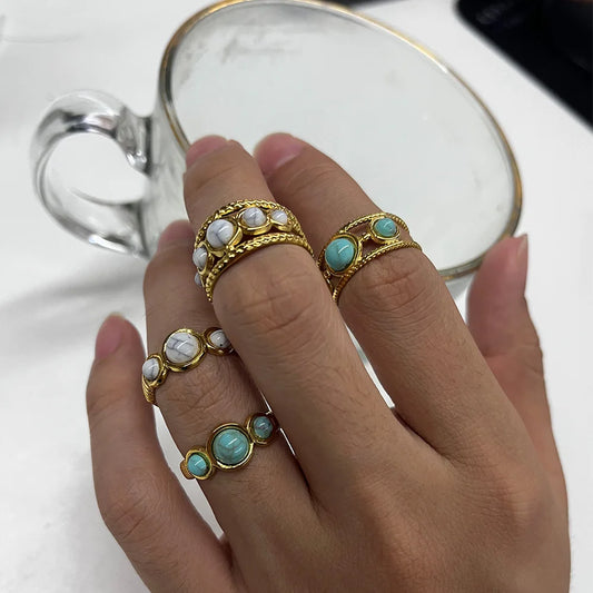 Luckacco Vintage Turquoise Wide Ring for Women Gold Color Stainless Steel Wheat Ear Adjustable Open Ring Fashion Party Jewelry Gift
