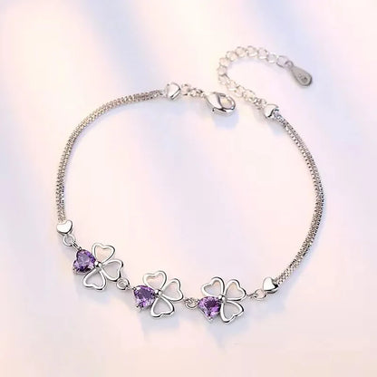 Luckacco NEW fine 925 Sterling Silver Purple crystal Lucky Clover Bracelets for women fashion party wedding accessories Jewelry 17CM+4CM