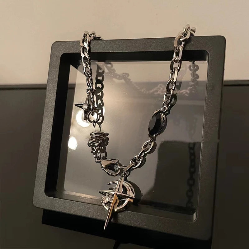 luckacco jwer new y2k cuban figaro chain star moon pendant necklace men punk black zircon chain choker necklace for men jewelry gifts