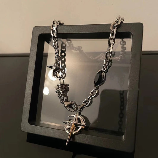 Luckacco JWER New Y2K Cuban Figaro Chain Star Moon Pendant Necklace Men Punk Black Zircon Chain Choker Necklace For Men Jewelry Gifts