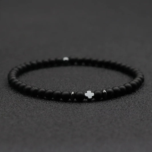 Luckacco New Fashion Cross Bracelet For Men 4mm Small Beads Strand Braslet Natural Red Howlite Lava Stone Braclet Hematite Healing Joias