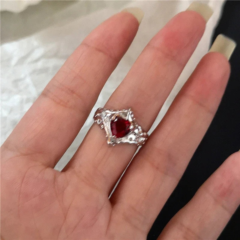 luckacco goth punk retro red crystal love heart cross geometry irregular open ring set y2k halloween accessories for women kpop jewelry