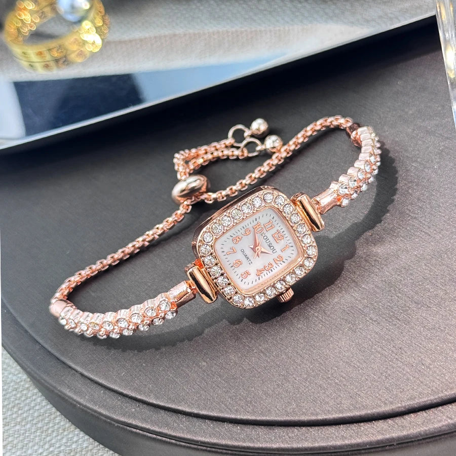 luckacco the new ladies' small square watch features a double-row diamond bracelet and arabic numerals fashionable quartz watch