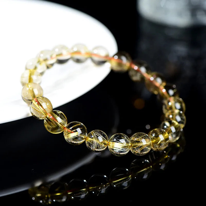 luckacco natural gold rutilated titanium quartz clear beads bracelet for woman man 7mm 8mm wealthy brazil jewelry bangle aaaaaa