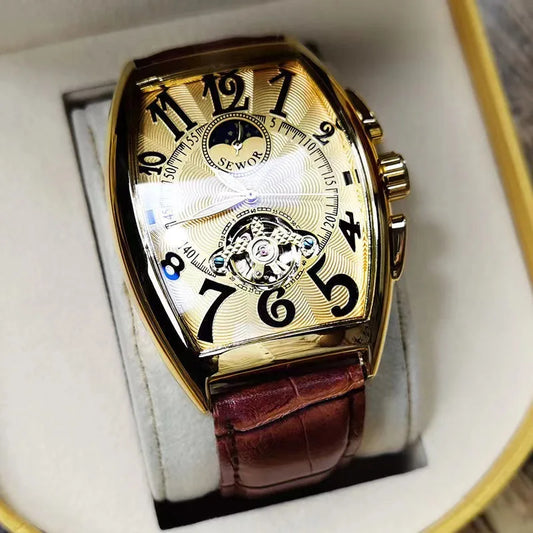 Luckacco Luxury Automatic Mechanical Watch for Men Sports Watches Tourbillon Skeleton Military Male Clock Cool Tonneau Man Wristwatch