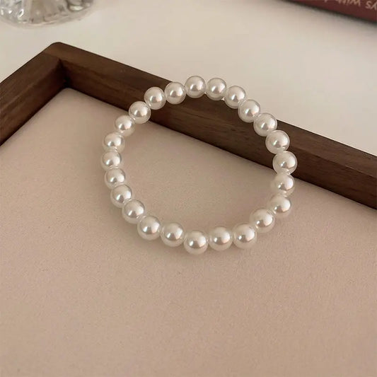Luckacco Elegant White Faux Pearls Beaded Bracelets for Women Adjustable Elastic Rope Bracelet French Luxury Hands Jewelry Accessories