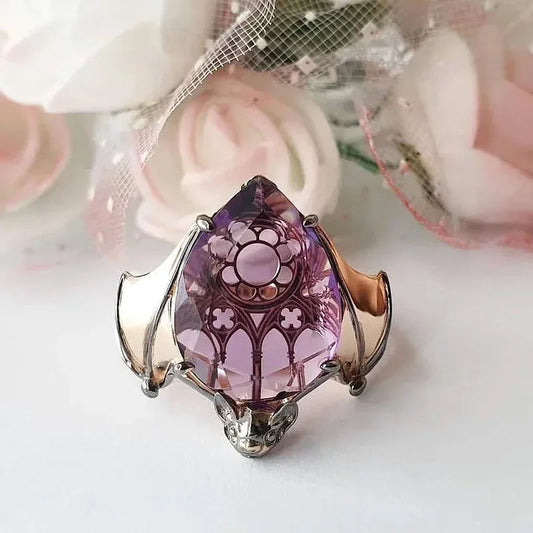 Luckacco New Arrivals Vintage Bat Finger Rings Y2k Inlaid Purple Water Drop Shape Stone Ring for Women Fashion Party Jewelry Gifts