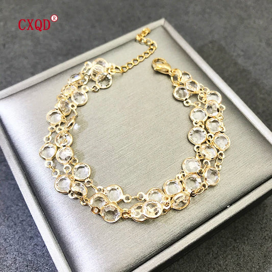 Luckacco Beautiful Fashion Multicolor Stainless Steel Lobster Clasp Glass Copper Combination Golden Bracelets For Women Girls Kids Gift