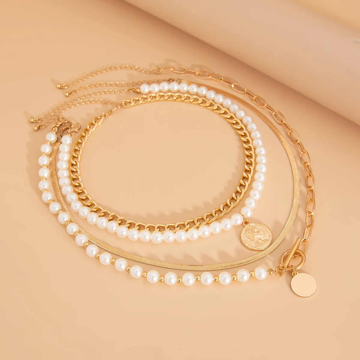 luckacco boho gold color metal round pendant necklace 2025 women's multi layer sweet imitation pearl snake chain girls fashion jewelry