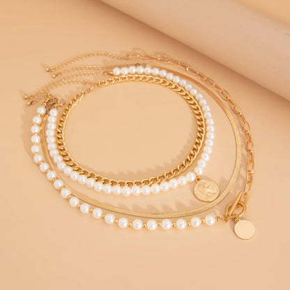 Luckacco Boho Gold Color Metal Round Pendant Necklace 2025 Women's Multi Layer Sweet Imitation Pearl Snake Chain Girls Fashion Jewelry