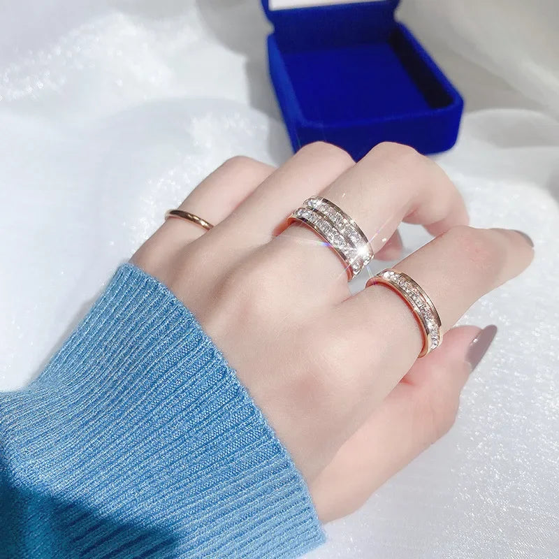 luckacco 1 and 2 rows stones ring for women quality silver rose gold color stainless steel wedding ring