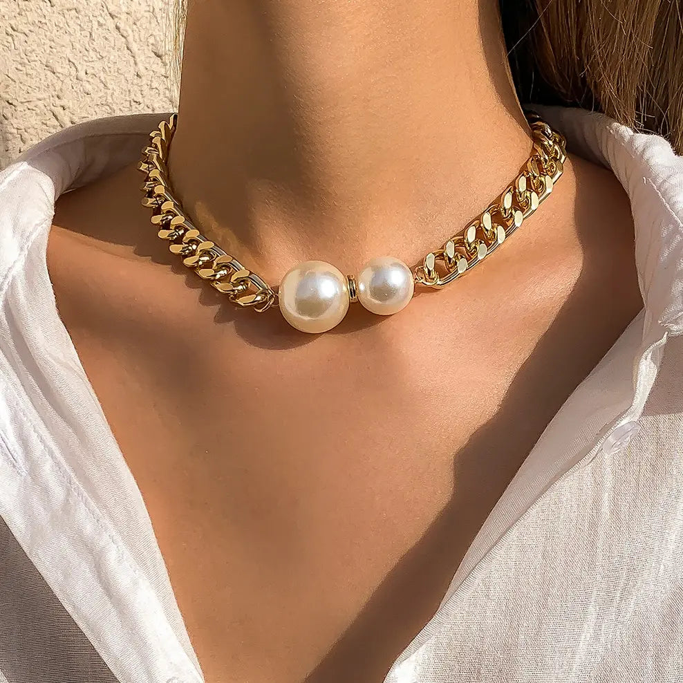 luckacco vintage punk cuban chains necklaces women gothic imitation-pearl pendant necklace girl chokers fashion accessories jewellery