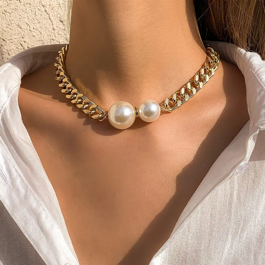Luckacco Vintage Punk Cuban Chains Necklaces Women Gothic Imitation-Pearl Pendant Necklace Girl Chokers Fashion Accessories Jewellery