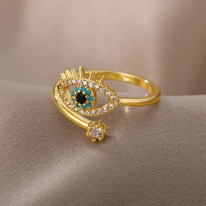 Luckacco Silver Plated Evil Eye Rings for Women Stainless Steel Turkish Zircon Demon Eye Couple Ring Vintage Emo Jewelry Anillos Mujer