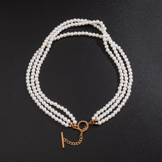Luckacco Multi-Layer White Imitation Pearl Necklace Bead  Chain Punk Ladies Wedding Short Clavicle Necklac Girl Charm Banquet Jewelry
