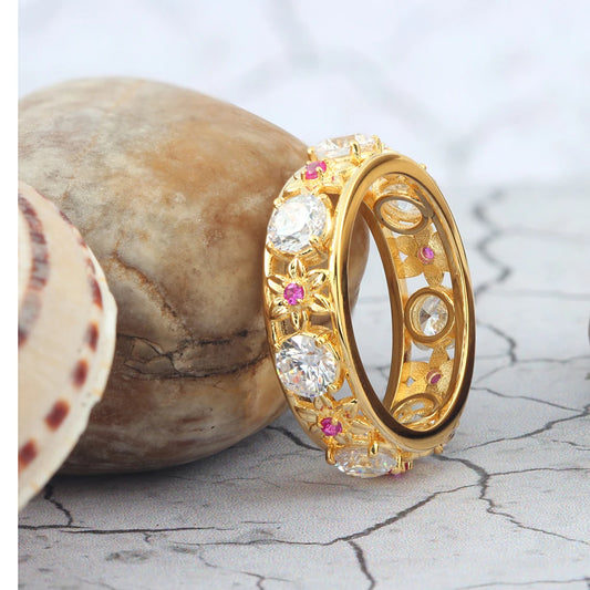Luckacco Stylish young art petal colorful gemstone hollow romantic lady sterling silver ring