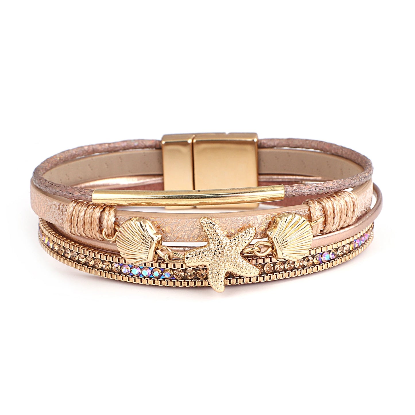 luckacco allyes charm starfish shell leather bracelet for women men boho metal tube crystal beads chain bracelets & bangles beach jewelry