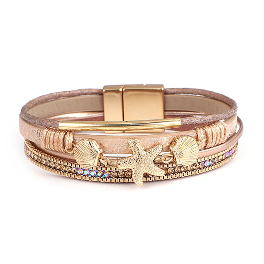 Luckacco ALLYES Charm Starfish Shell Leather Bracelet for Women Men Boho Metal Tube Crystal Beads Chain Bracelets & Bangles Beach Jewelry