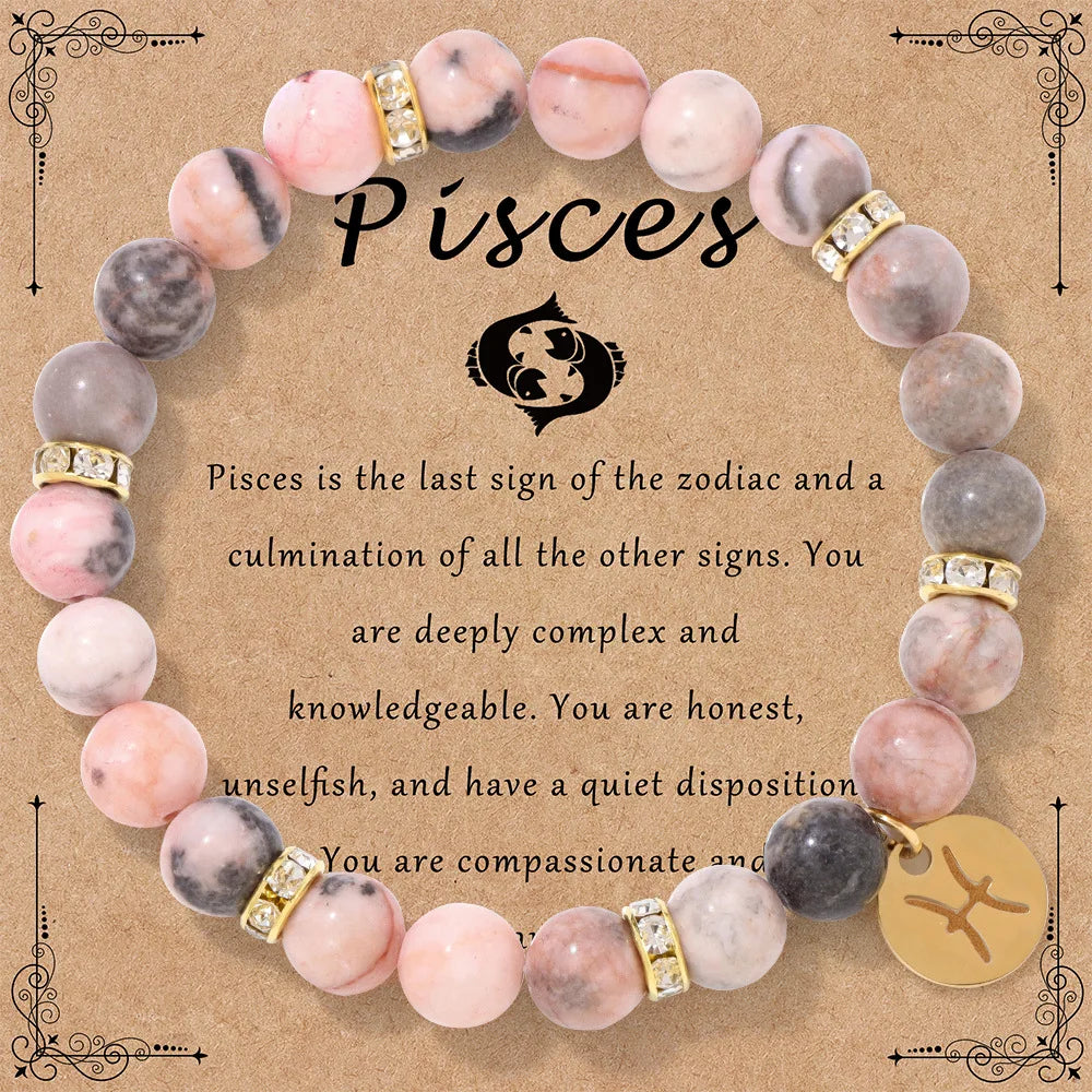 luckacco mhs.sun 12 star zodiac sign pink zebra stone beaded bracelets constellation fashion birthday party jewelry for women men