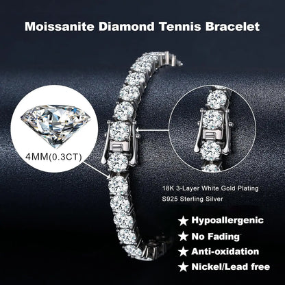 Luckacco Luxury 4MM Tennis Bracelet for Women Men Full Moissnaite Laboratory Diamond S925 Silver Wedding Jewelry GRA Certificate