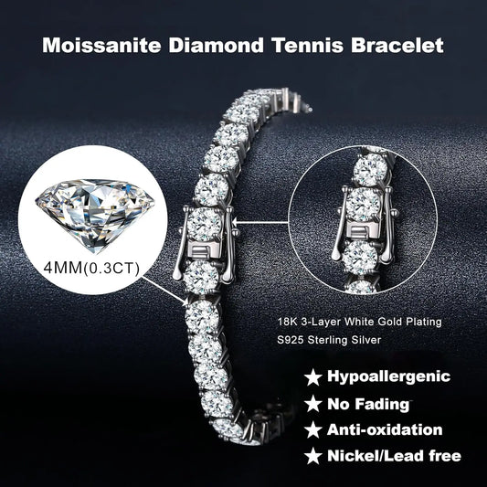 Luckacco Luxury 4MM Tennis Bracelet for Women Men Full Moissnaite Laboratory Diamond S925 Silver Wedding Jewelry GRA Certificate