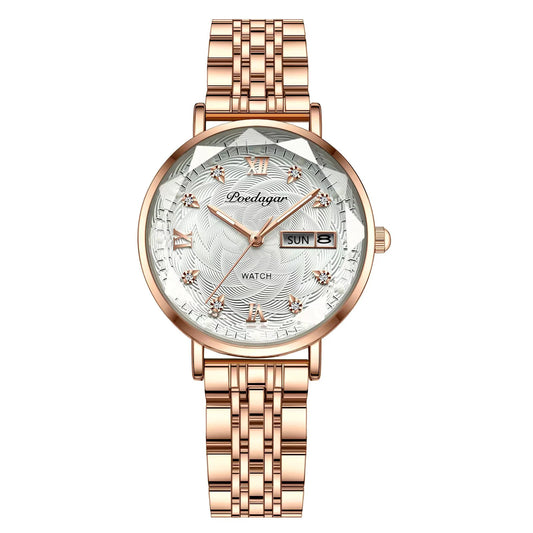 Luckacco POEDAGAR Elegant Luxury Women Watch Waterproof Luminous Date Week Ladies Watches Fashion Stainless Steel Quartz Woman Wristwatch