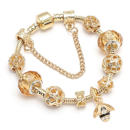 Luckacco TOGORY 2024 Authentic Gold Color Bees Dangles Charm Bracelet White Crystal Beads Fine Bracelet For Women Kids Birthday Gifts