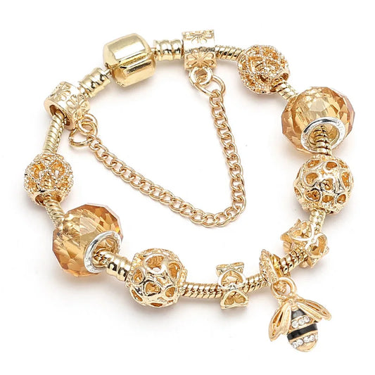 Luckacco TOGORY 2024 Authentic Gold Color Bees Dangles Charm Bracelet White Crystal Beads Fine Bracelet For Women Kids Birthday Gifts