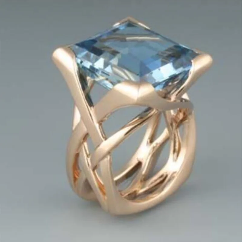 luckacco ksra fashion trend creative hollow gold color inlaid square blue color stone rings for women party gifts custom jewelry