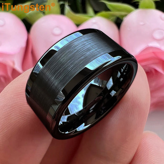 Luckacco iTungsten 10mm 12mm Big Finger Ring Mens Tungsten Flat Engagement Wedding Band With Center Brushed Polished Finish Comfort Fit