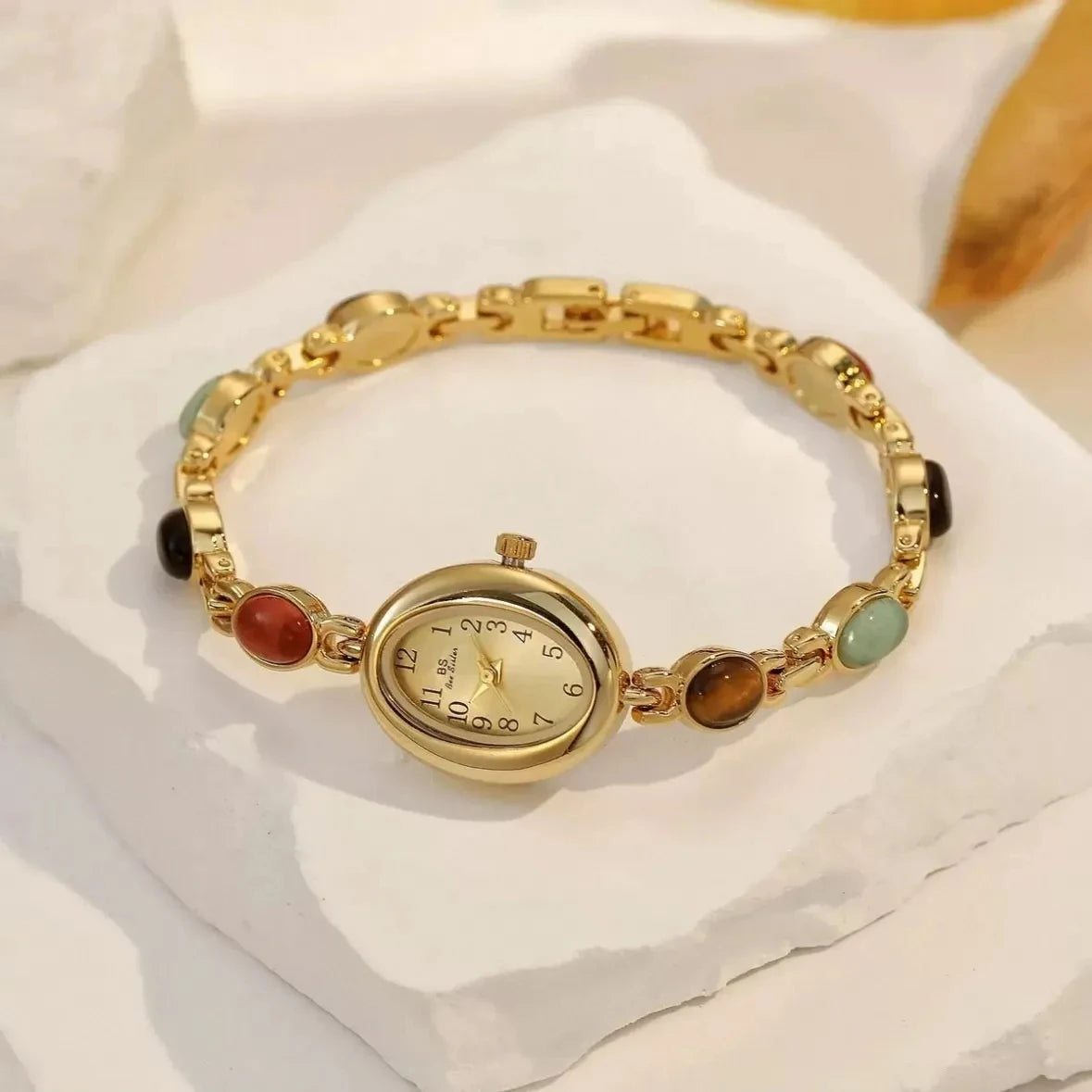 luckacco luxury vintage quartz women's watches fashion natural green jade bracelet clock numerals small oval dial watch woman accesories