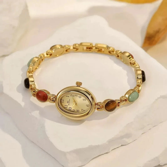 Luckacco Luxury Vintage Quartz Women's Watches Fashion Natural Green Jade Bracelet Clock Numerals Small Oval Dial Watch Woman Accesories