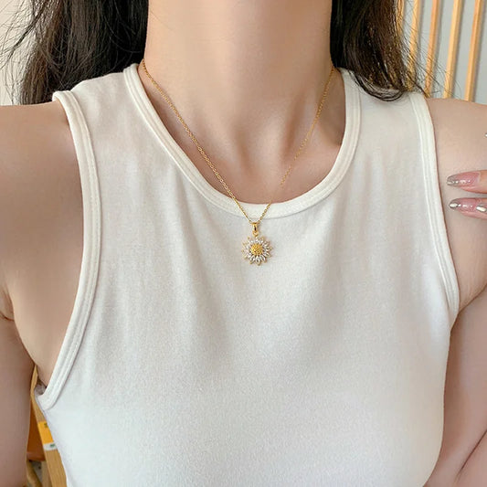 Luckacco Classic Sunflower Cubic Zirconia Pendant Necklaces For Women Gold Color Alloy Rotate Necklace Daily Jewelry