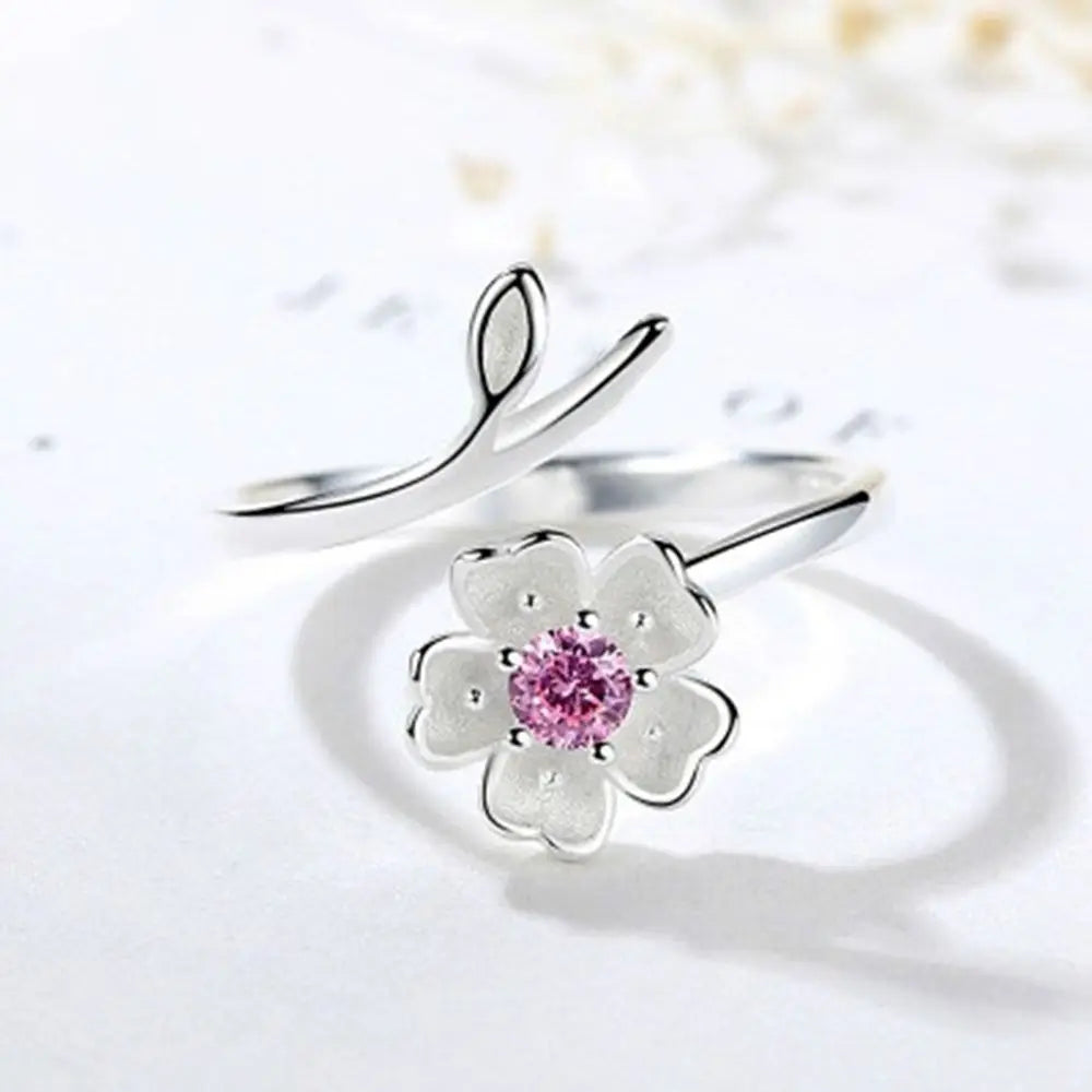 luckacco light luxury open finger ring temperament adjustable cherry blossom cuff ring pink rhinestone elegant daily jewelry female